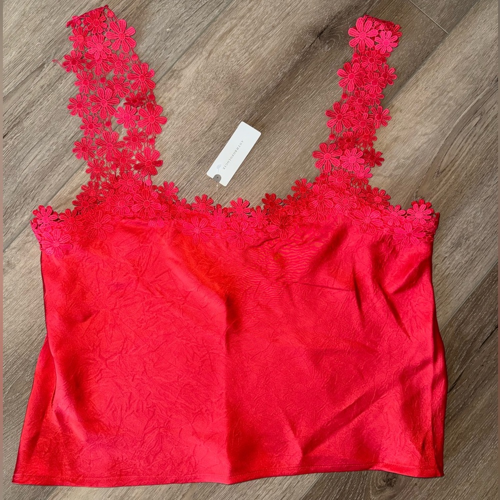 NWT Blue Tassel Anthropologie Red Floral Eyelet Lace Tank Top Shirt Large L